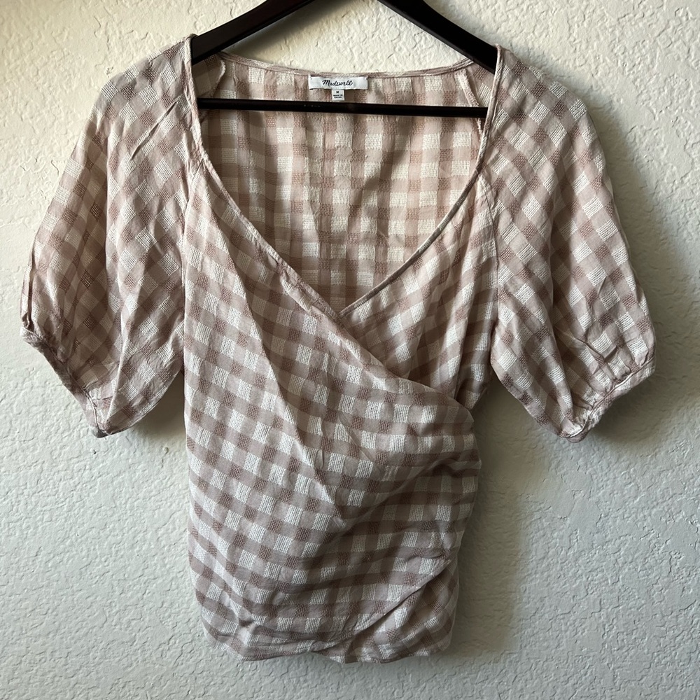 Madewell Plaid Wrap Top in Cream and Brown - Picture 2 of 4